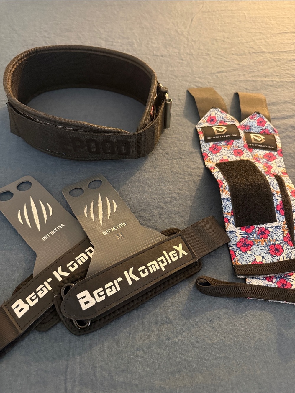 CrossFit 2POOD lifting belt, Bear Komplex grips, and wrist wraps
